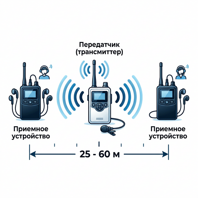 Расстояние приёма сигнала 25-60 метров